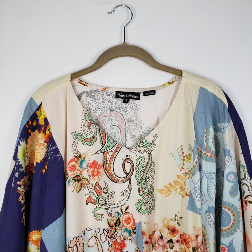Tolani Collection Paisley Patch Printed Kaftan Poncho Top Boho Womens Small - Picture 3 of 6